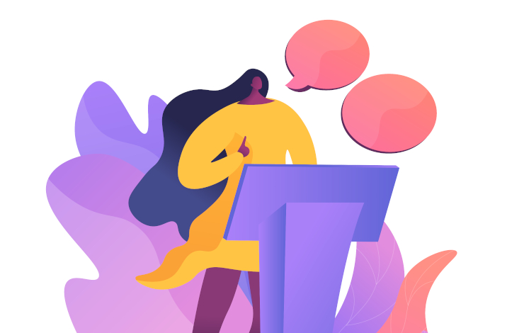 Ilustración de una chica dando una charla en un atril