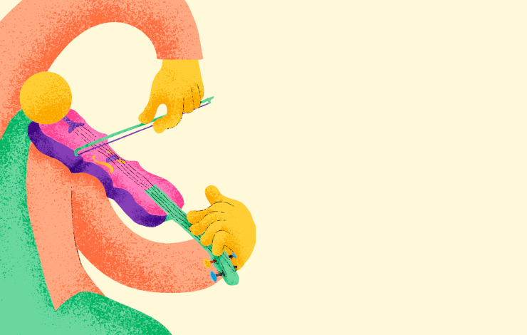 Ilustración vectorizada de un artista tocando el violín de color rosa y fondo amarillo claro