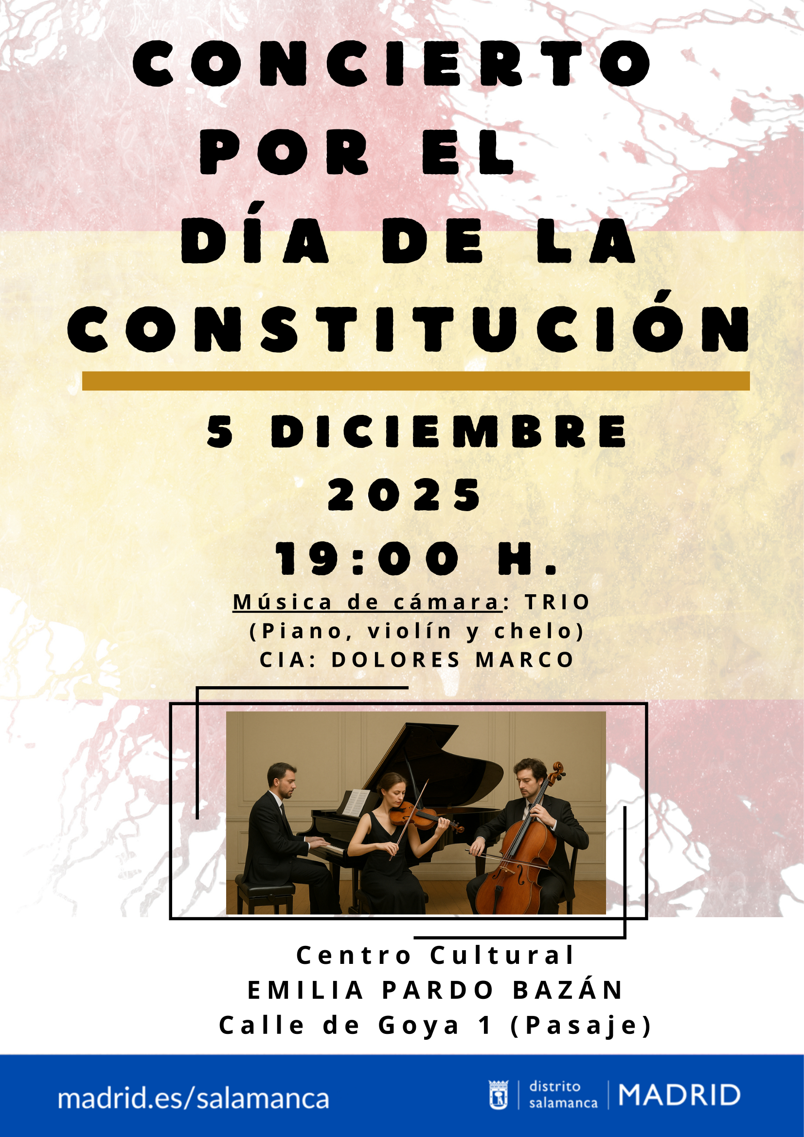 Cartel del concierto especial por el Día de la Constitución donde aparece la información del evento con una foto de la formación y un fondo de bandera de España