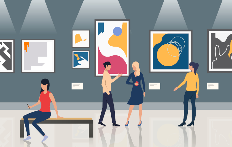 Ilustración de una exposición con asistentes viendo las obras y focos iluminando las pinturas de la pared