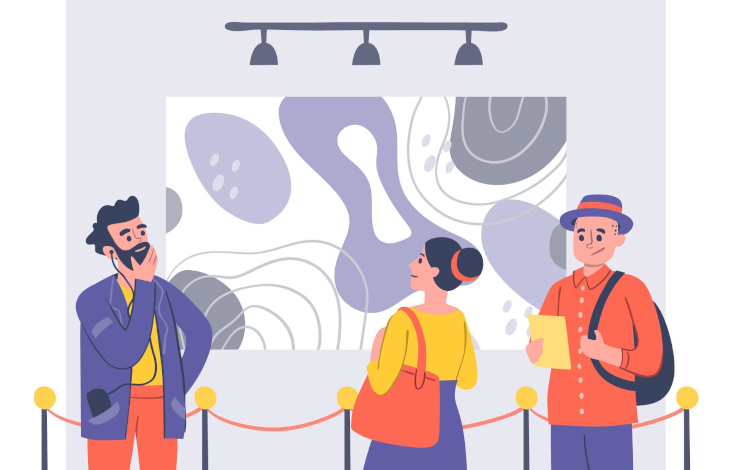 Ilustración vectorizada de visitantes a una exposición donde se aprecian dos hombres y una mujer, un cuadro y una catenaria protegiendo la obra