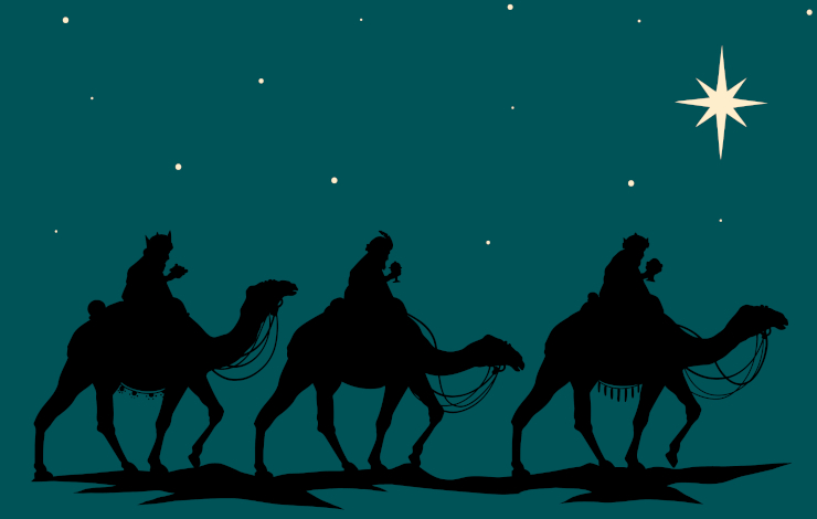 Ilustración vectorizada de los Reyes Magos siguiendo a la estrella en camello por la noche donde se aprecia la silueta en negro de Sus Majestades
