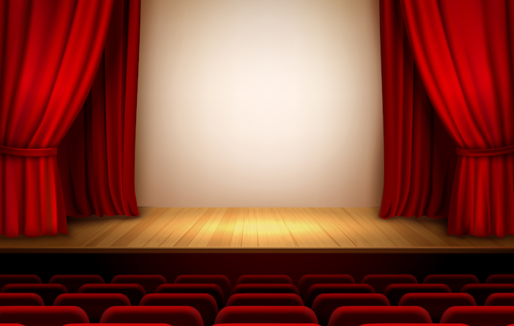 Vector de un escenario de teatro donde se ve el telón rojo abierto y las butacas rojas