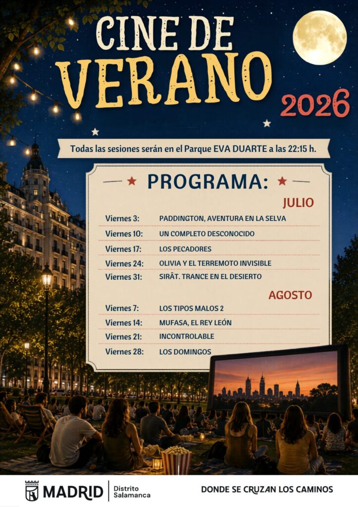 Cartel de la programación del Cine de Verano en el distrito de Salamanca