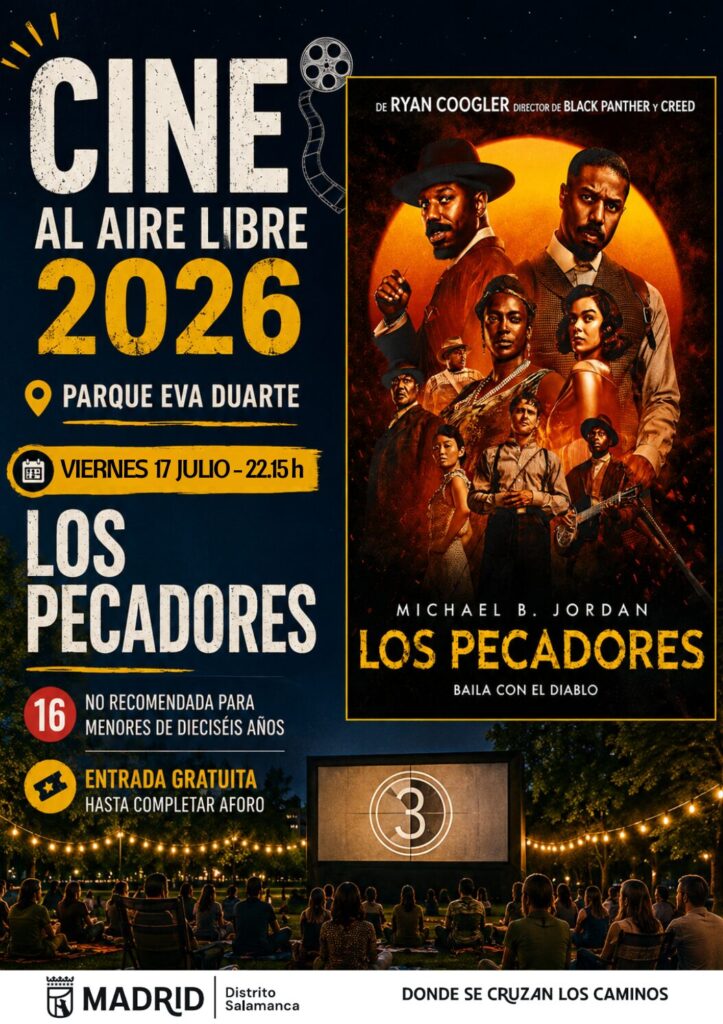 Cartel de la proyección de 'Los pecadores' en el cine de verano del distrito de Salamanca