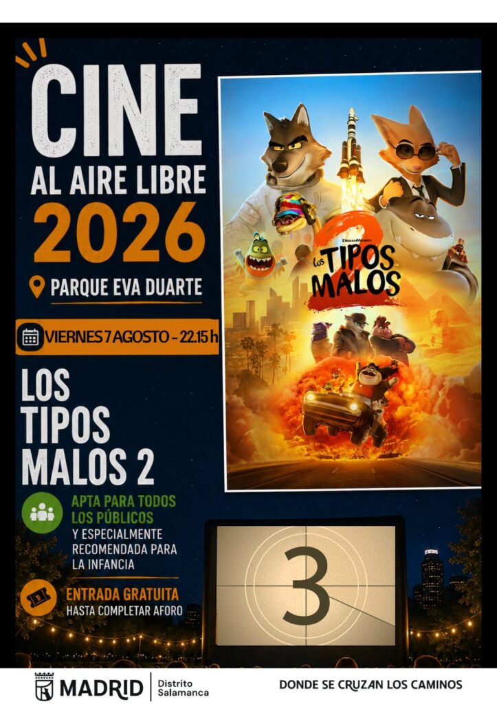 Cartel de la proyección de ‘Los Tipos malos 2’ en el cine de verano del distrito de Salamanca