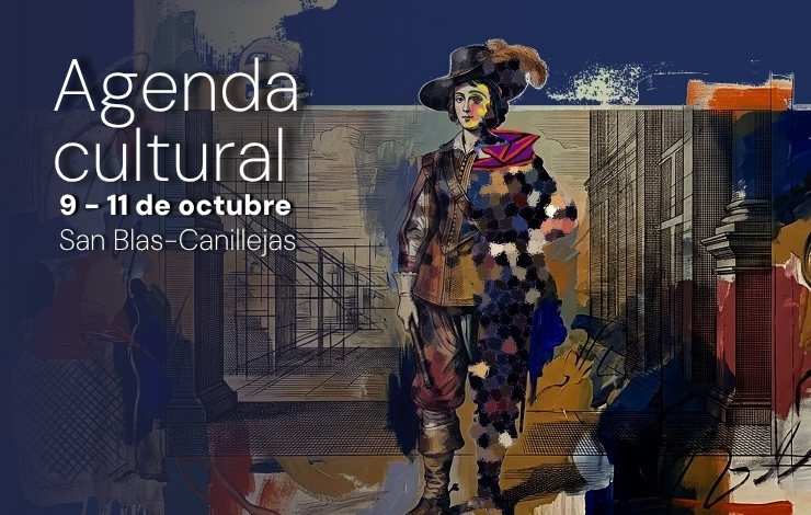 Ilustración artística de una figura con traje de estilo teatral sobre fondo urbano, imagen promocional de la Agenda cultural San Blas-Canillejas con actividades y propuestas culturales del distrito de Madrid.