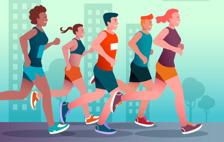 Vector ilustrado de chicos y chicas corriendo en ambiente urbano
