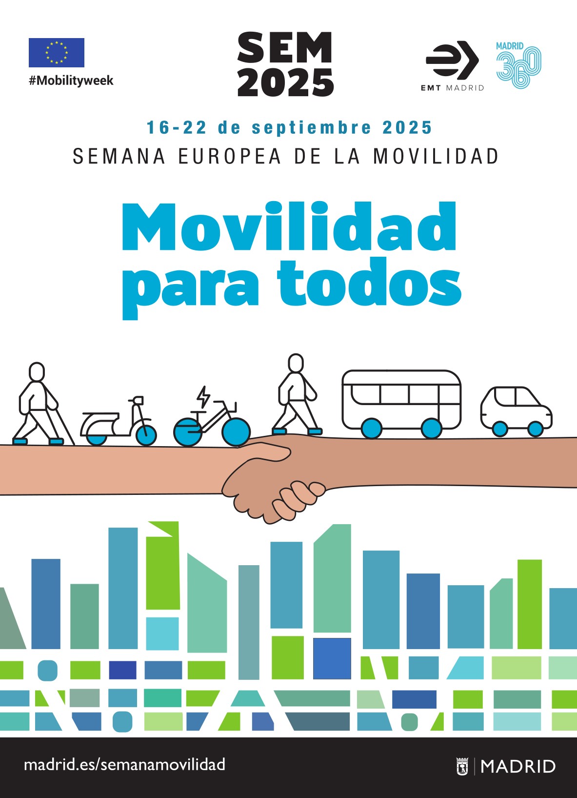 Cartel de la Semana Europea de la Movilidad 2025 con el lema 'Movilidad para todos', ilustraciones y motivos del tema y la información del evento