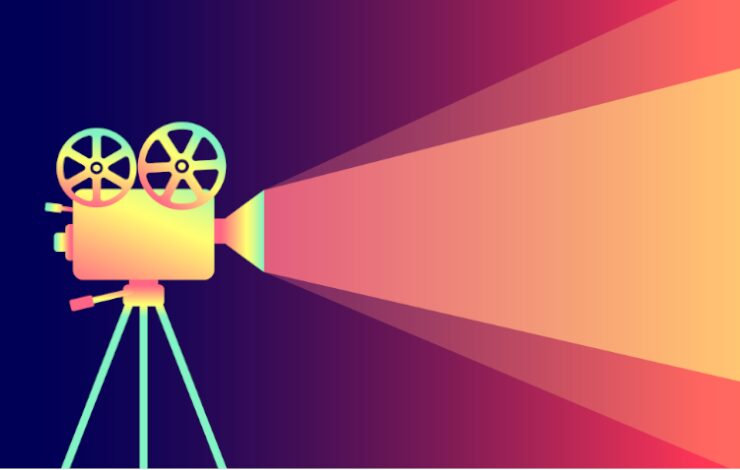 Ilustración vectorizada de un proyector de cine de colores y fondo también de luces y colores