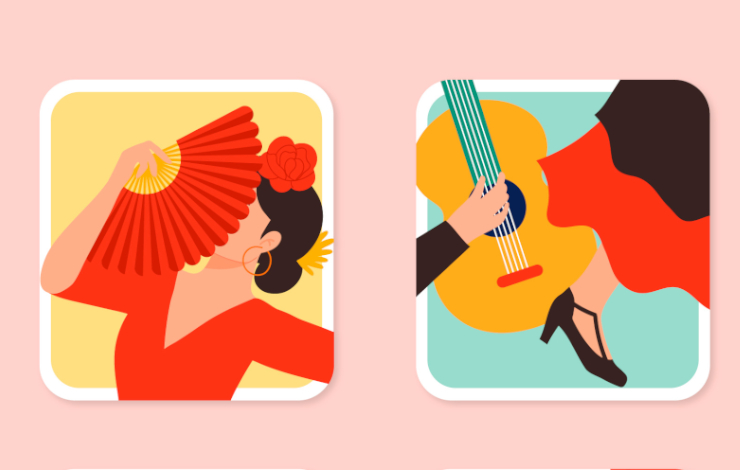 Ilustraciones vectorizadas de una bailaora flamenca tapándose la cara con un abanico y una guitarra con un zapato de tacón de bailaora, en dos cuadrados, con fondo rosa