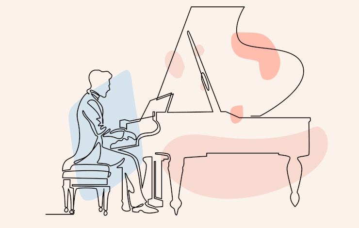 Ilustración vectorizada de un artista clásico al piano de cola con traje de chaqué