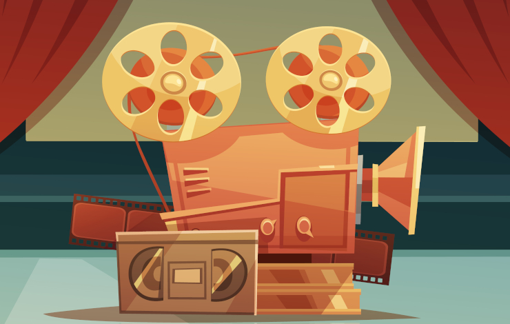 Ilustración de un proyector antiguo de cine, una cinta de VHS en un cine con telón