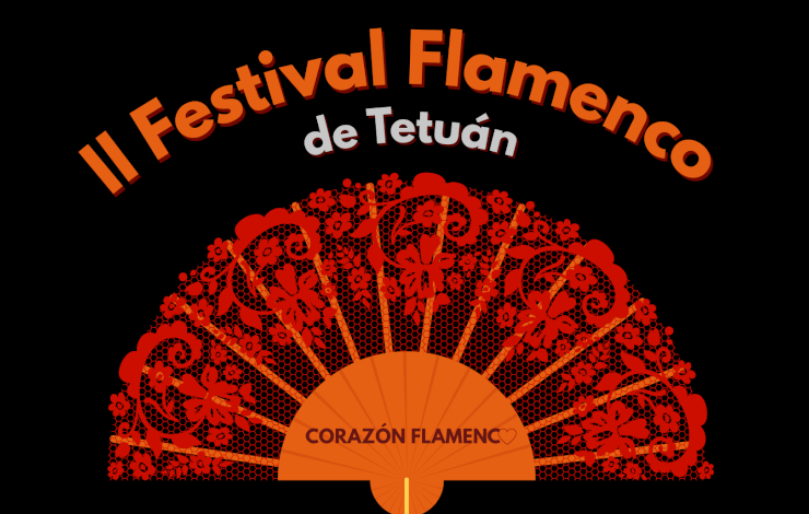 Diseño del II Festival Flamenco de Tetuán donde aparece una ilustración de un abanico rojo y naranja con fondo negro y la información del evento