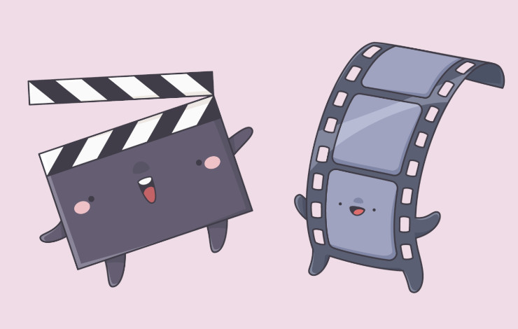 Ilustración de elementos de cine animados donde aparecen una claqueta y una película con ojos y boca