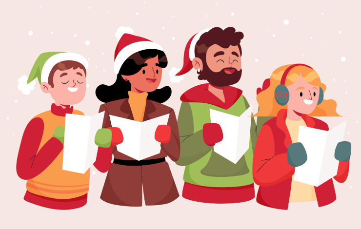Ilustración digital de un coro de villancicos vestidos con atuendos navideños e invernales