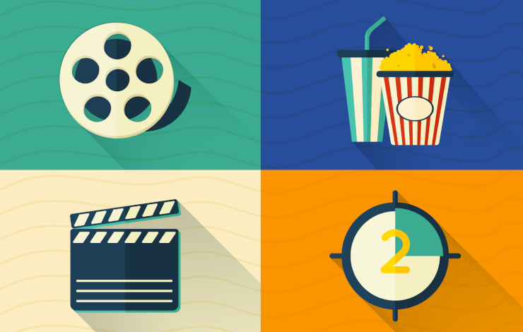 Ilustración vectorizada de de elementos de cine como una cinta de película, una claqueta, un bol de palomitas y un refresco y un reloj de cuenta atrás