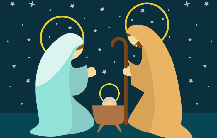 Ilustración vectorizada del nacimiento con Jesús, María y José