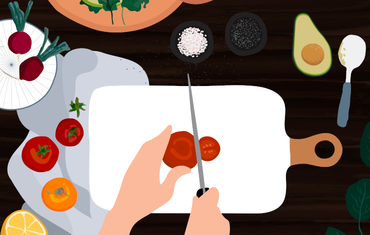 Ilustración vectorizada cocina saludable donde se aprecian unas manos cortando un tomate en una tabla rodeada de alimentos para preparar una ensalada