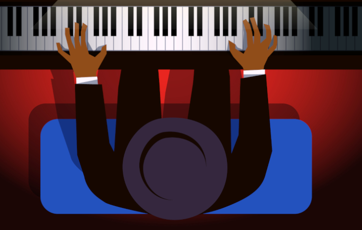 Ilustración vectorizada de un artista tocando el piano en plano cenital donde se aprecia el sombrero, sus manos e instrumento