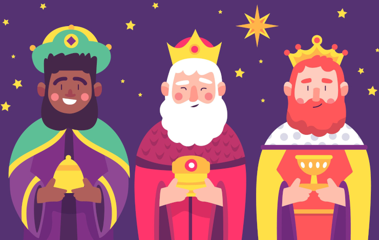 Ilustración vectorizada de los reyes Magos con regalos mirando de frente en una noche estrellada