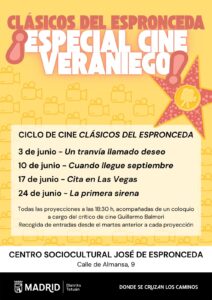 Cartel del ciclo de cine Clásicos del Espronceda. Especial Cine Veraniego con la programación de cuatro películas durante junio de 2026 en el Centro Sociocultural José de Espronceda.