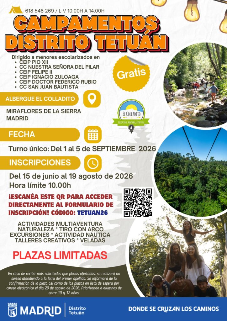 Cartel del campamento del distrito de Tetuán en la Sierra Norte de Madrid