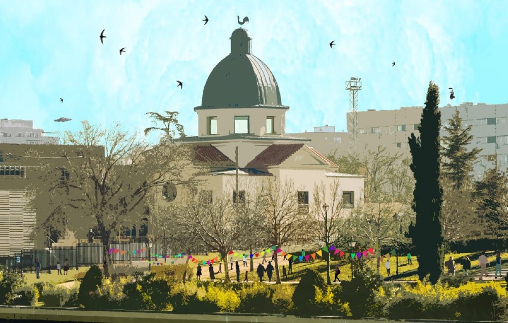 Centro e iglesia Maris Stella ( detalle del cartel anunciador de las Fiestas de Usera 2022)