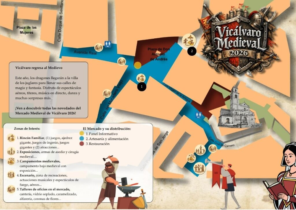 Cartel Vicálvaro Medieval con guerrero medieval y la torre de Santa María de La Antigua de fondo