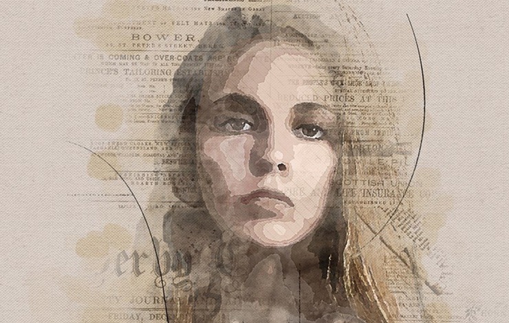 Retrato de mujer con textos sobre escritos