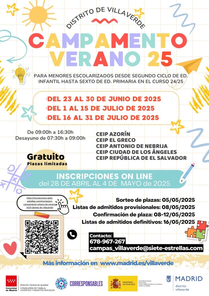 Cartel del campamento de verano con la información y un qr de inscripción
