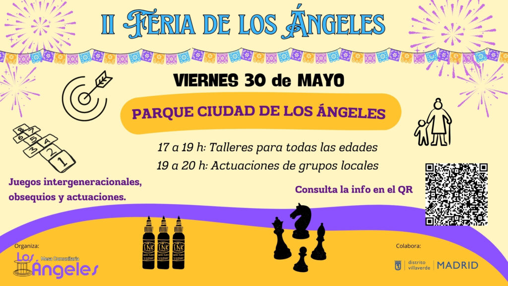 Cartel de la feria de color amarillo con ilustraciones de juegos