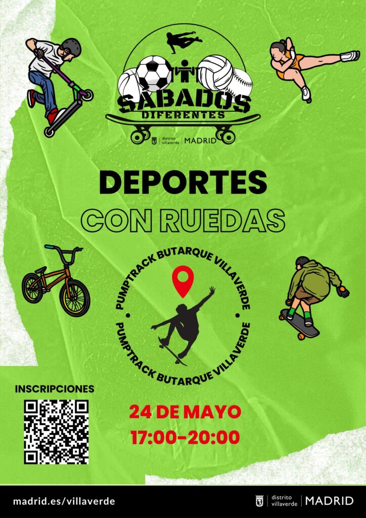 Cartel con ilustraciones de patines, skates, y deportes de ruedas sobre un fondo verde