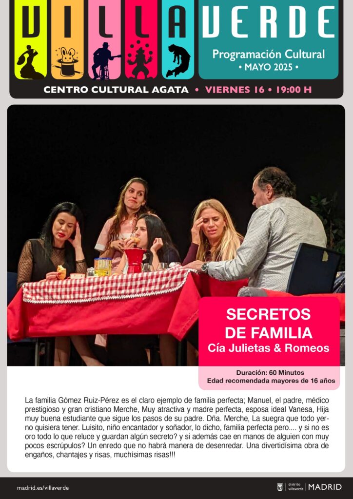 Cartel de una obra de teatro, con personas en una mesa