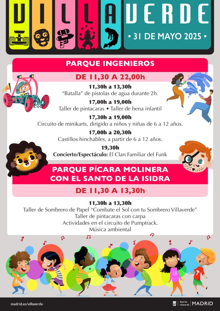 cartel de las fiestas en el parque ingenieros con iliustraciones de niños jugando