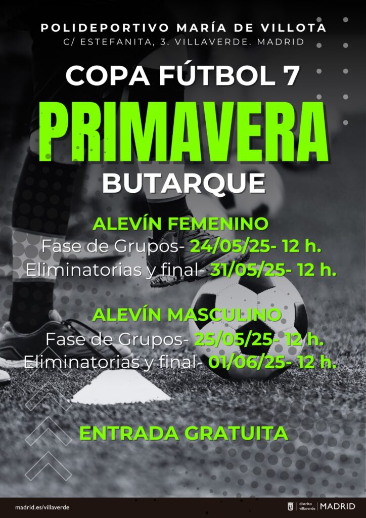 Cartel en blanco y negro con letras verdes. Se ven una piernas con botas con un balón