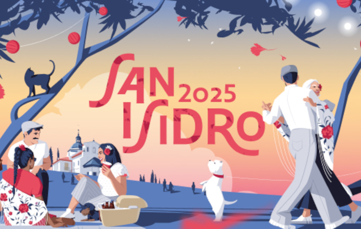 ilustración de la pradera de san isidro. con personas bailando y tomando algo en el campo
