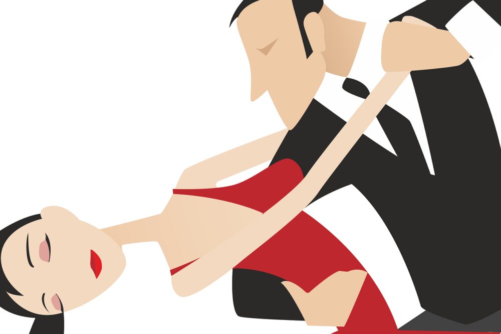 Ilustración de un hombre de traje y una mujer con un vestido rojo bailando tango