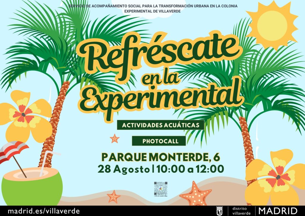 cartel con ambiente tropical con palmeras con el título Refréscate en la Experimental