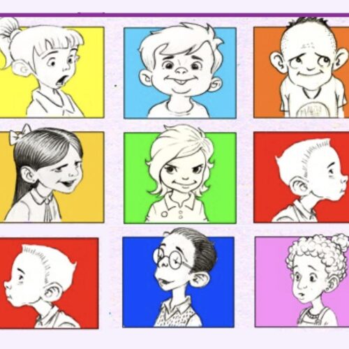 mosaico de viñetas con diferentes colores e ilustraciones de niños