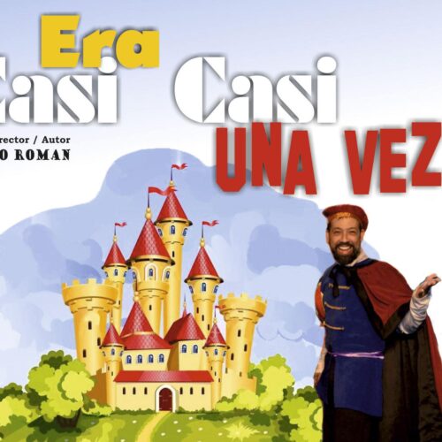 un fondo con un castillo medieval y un hombre disfrazado de trobador