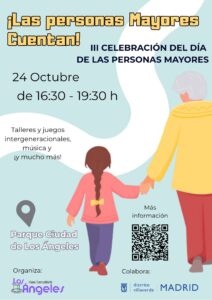 Cartel del día de los mayores con una ilustración de una abuela caminando con su nieta