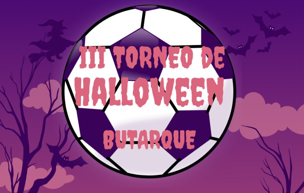 Una pelota de fútbol sobre un cementerio con letras de ambiente de halloween
