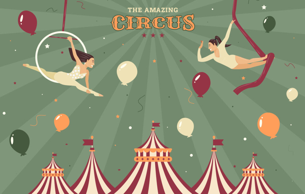 Cartel del circo con una carpas y unas mujeres haciendo trapecismo