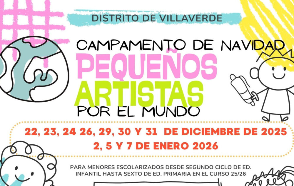 Cartel del campamento de navidad con garabatos infantiles rodeando la información