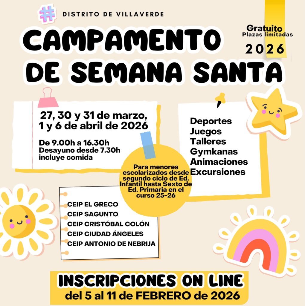 Cartel del Campamento de Semana Santa de Villaverde con la información de fechas y actividades
