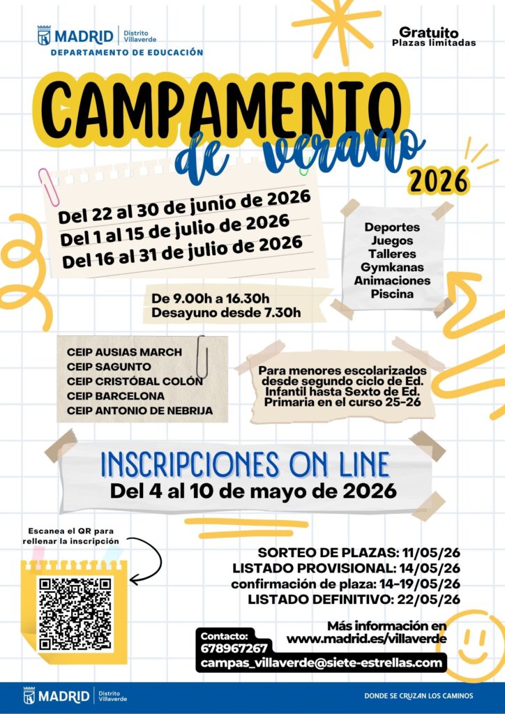 Cartel del campamento de verano de villaverde donde está explicada toda la información