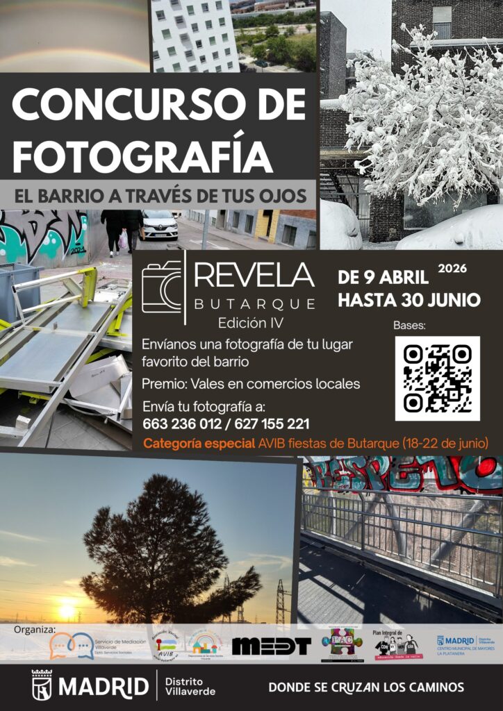 Cartel del concurso de fotografía de Butarque formado por un collage de imágenes del barrio como unos árboles y varias calles