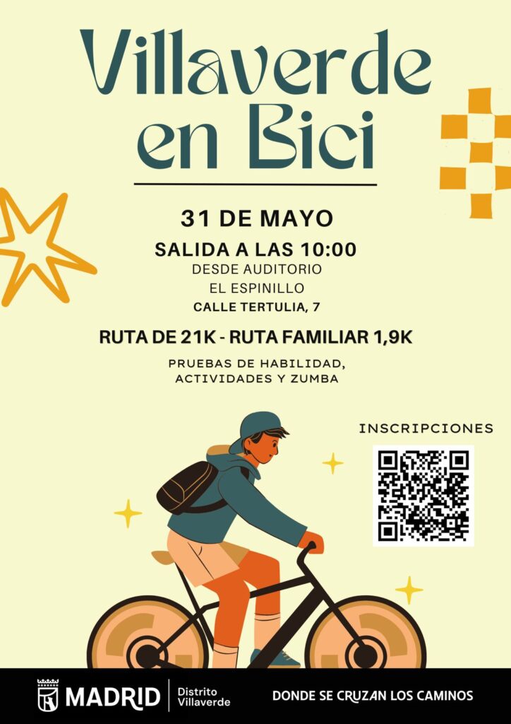 Cartel de Villaverde en Bici. Una ilustración de una persona en bicicleta sobre un fondo amarillo