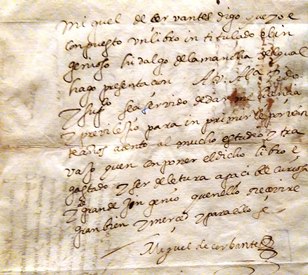 Solicitud de licencia de impresión de Francisco de Robles firmada por Miguel de Cervantes.